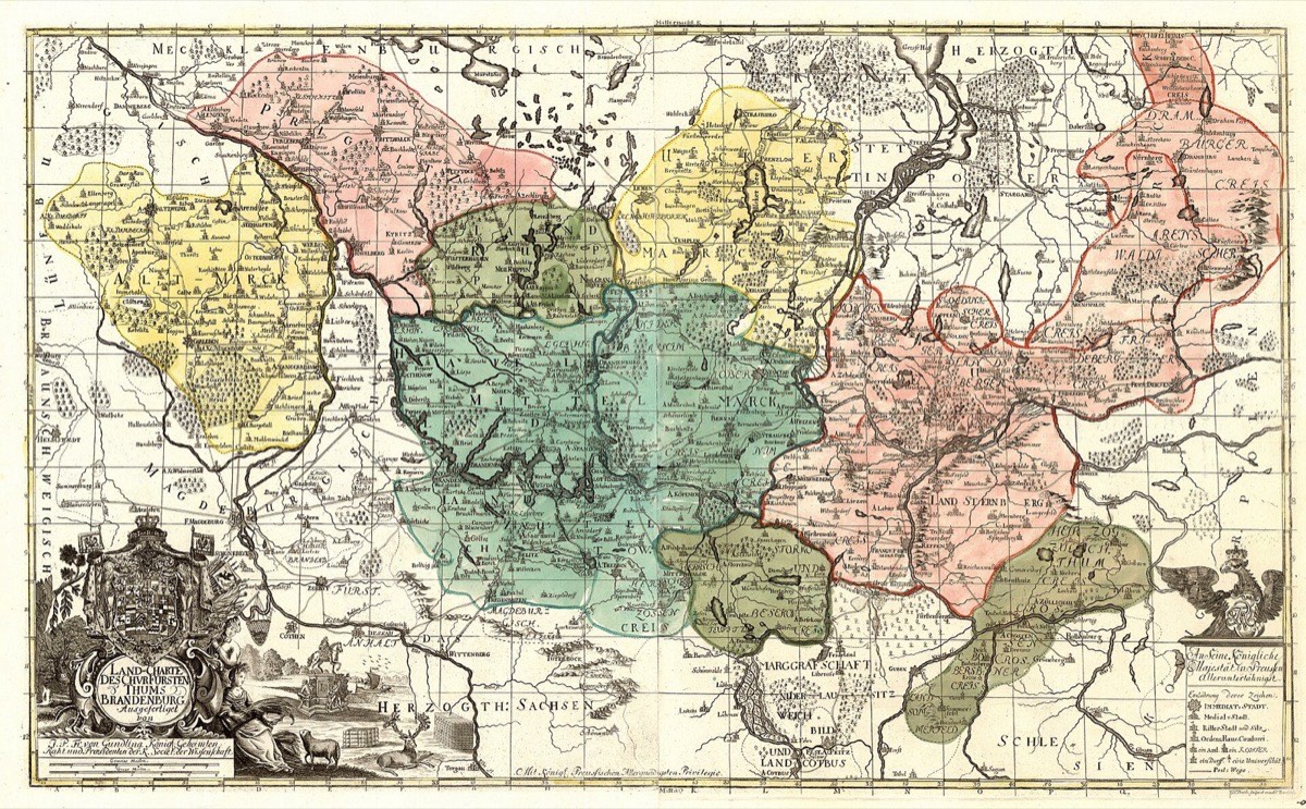 Historische Land-Charte des Kurfürstentums Brandenburg aus dem Jahr 1724 mit Ortsnamen und Kreisgrenzen.