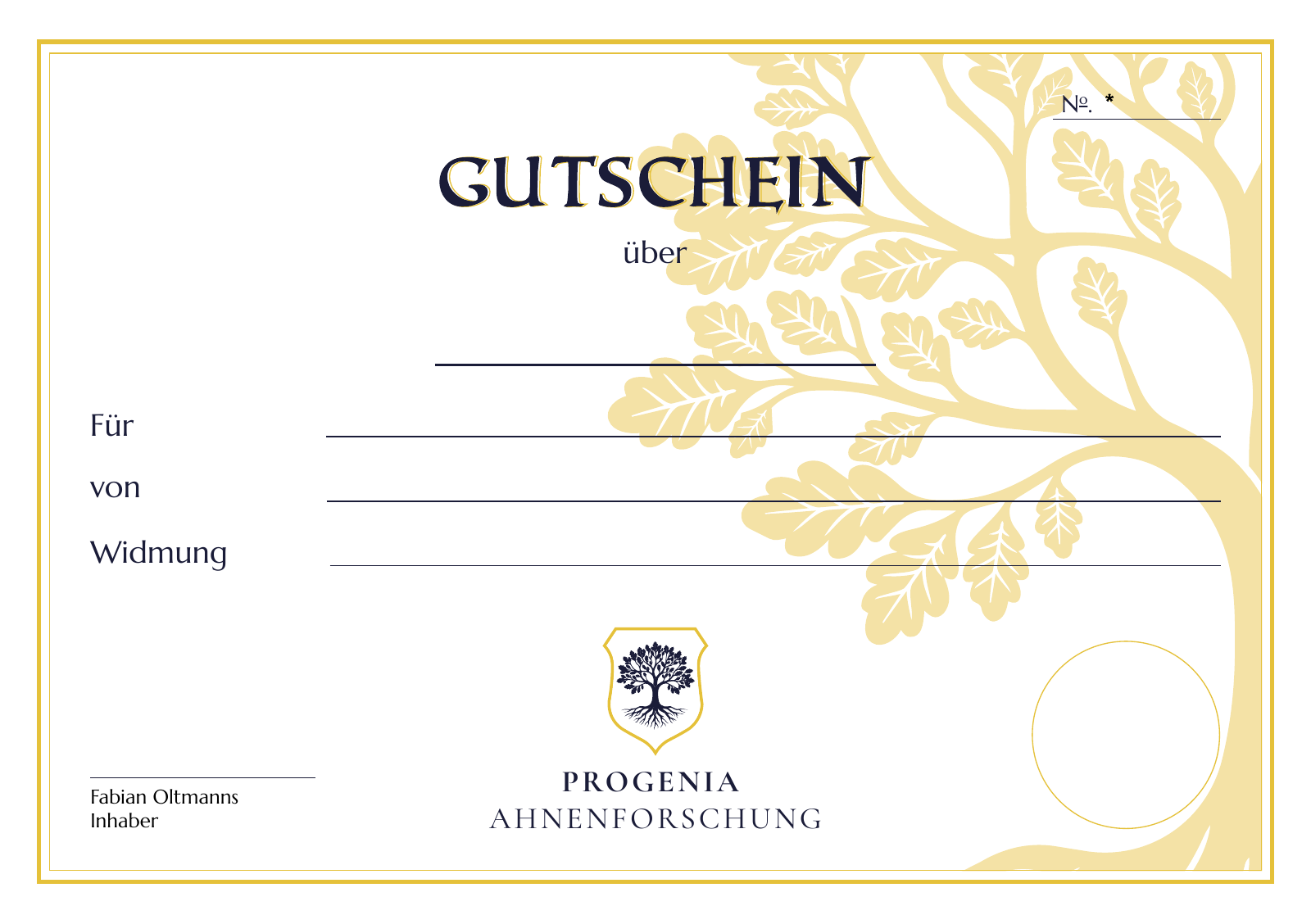 Die Vorderseite des Progenia-Geschenkgutscheins: goldener
                    Doppelrahmen, Eichenlaub, Wappen mit Lebensbaum.